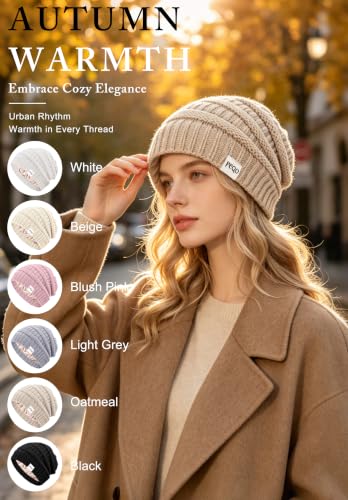FEQO 6 Pack Satin Lined Beanies Slouchy Beanie Oversized Cable Knit Caps - color: Black, Light Grey, Beige, Oatmeal, White, Pink