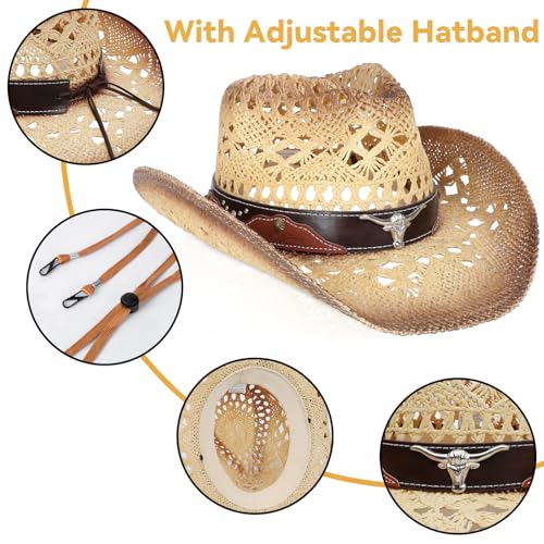 WQWOVRVO Cowboy Hat,Cowgirl Hat,Cowboy Hats for Women/Mens/Straw Wide with Shapeable Brim Western Cowboy Hat for Womens - color: Beige & Coffee