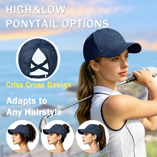 2Pack Womens Criss Cross Ponytail Baseball Cap, Quick Drying UV Protection Breathable Sport Outdoor Sun Hat - color: Black+navy Blue