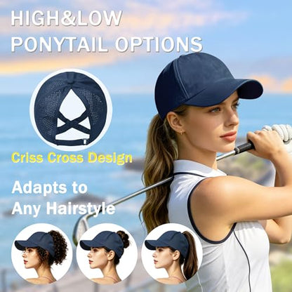 2Pack Womens Criss Cross Ponytail Baseball Cap, Quick Drying UV Protection Breathable Sport Outdoor Sun Hat - color: Black+navy Blue