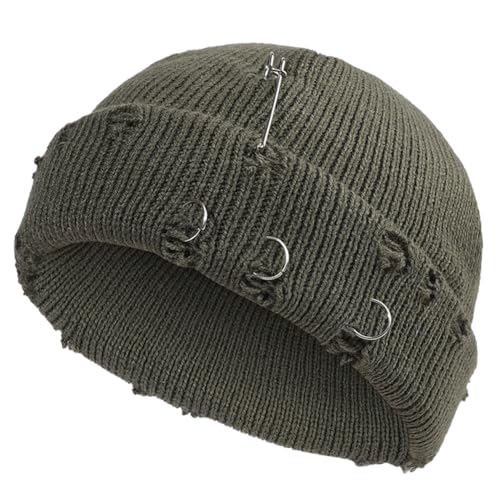Distressed Ring Beanie Hat for Women Men Slouchy Skull Cap - color: Army Green