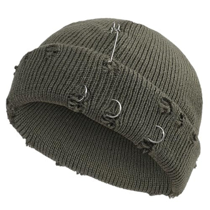 Distressed Ring Beanie Hat for Women Men Slouchy Skull Cap - color: Army Green