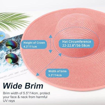 AQOKKA Sun Hats for Women Big Straw Wide Brim Summer Beach Hat Floppy Foldable Roll up Cap for Outdoor UPF 50+ - color: Wide Brim : Pink