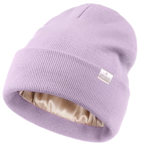 YANIBEST Satin Lined Beanie for Women, Reduce Frizz Winter Hats - color: Lavender Purple
