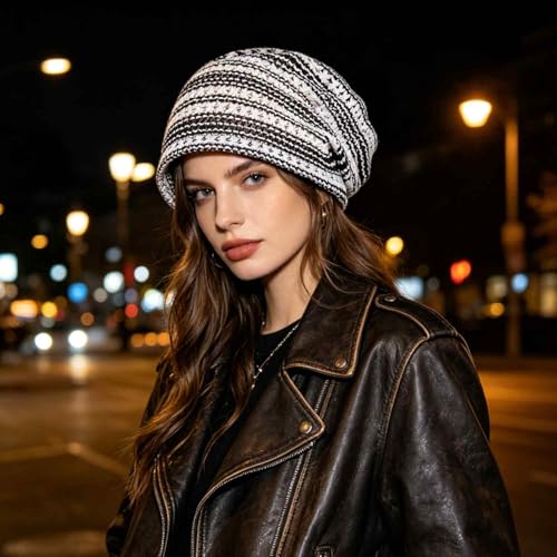 Women's Sparkly Lace Beanie Hat for Women, Lightweight Breathable Knit Skull Cap,Fashion Slouchy Beanie - color: Black White 014