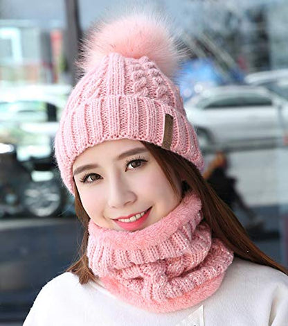 IYEBRAO Womens Winter Knit Beanie Hat and Scarf Set Girls Cute Slouchy Thick Fleece Lined Ski Hat Warm Skull Cap with Pom - color: A8-pink