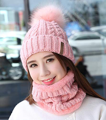 IYEBRAO Womens Winter Knit Beanie Hat and Scarf Set Girls Cute Slouchy Thick Fleece Lined Ski Hat Warm Skull Cap with Pom - color: A8-pink