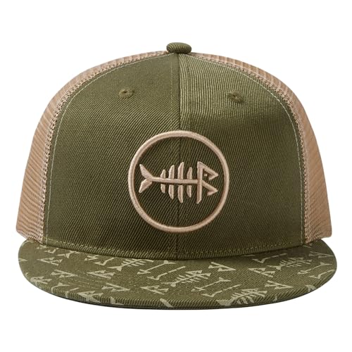 BASSDASH Flat Brim Trucker Cap Adjustable Snapback Hat Mesh Back for Men Women - color: Army Green