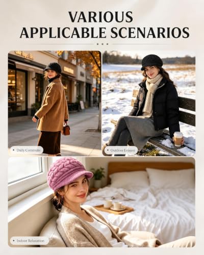 YSense 2 Pack Womens Winter Hats Warm Knit Beanie with Visor - color: Grape Black