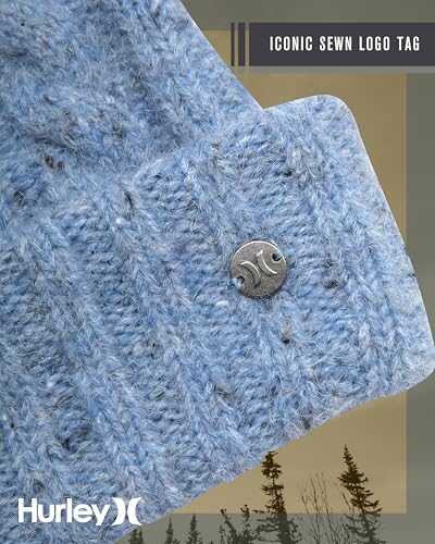 Hurley Womens Ribbed Cable Knit Cuff Beanie Hat with Pom - color: Photo Blue