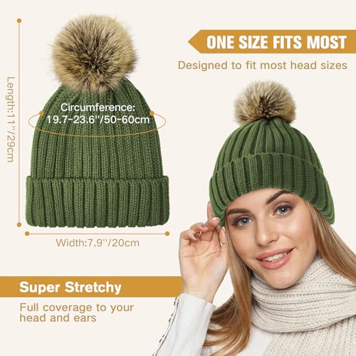 Satin Lined Beanie for Women Knit Winter Hats Silk Lined Womens Beanie with Detachable Pom Pom - color: A Beige