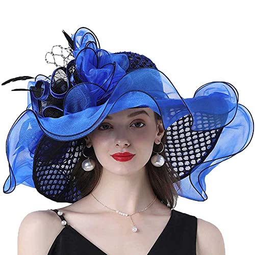 Women Party Church Derby Top Hats Organza Sun Visor Cap Ladies Flowers Fascinators Big Wide Brim Fedoras - color: Blue 2