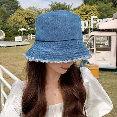 Quanhaigou Frayed Unisex Sun Hats, Fashion Beach Bucket Hat for Men Women,Summer Outdoor Boy's Girls Boonie Cap - color: Frayed Denim Blue