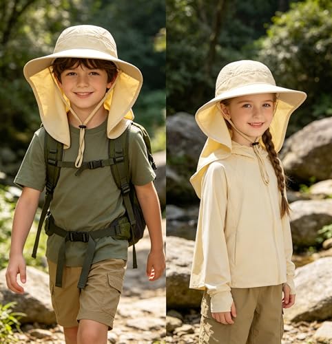 Ponytail Hole Kids Sun Hat with Neck Flap UV Protection Wide Brim Safari Hat for Boys Girls Breathable Mesh 6-12T - color: Beige