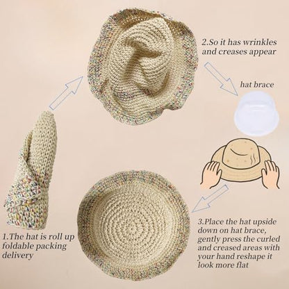 Floppy Big Beach Straw Hats for Women Foldable Summer Wide Brim Packable Sun Hat Womens Travel Straw Fedora Hat - color: C-beige