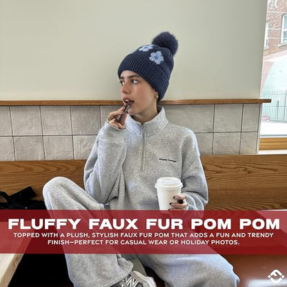 Funky Junque Beanie for Women Ultra Soft Chenille Faux Fur Pom Pom Winter Hats Warm Ski Cap Fashion - color: Daisy - Navy