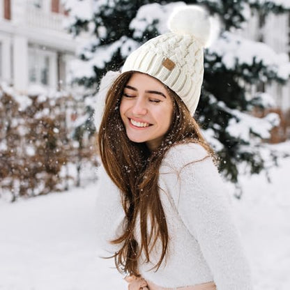 PAGE ONE Womens Winter Ribbed Beanie Crossed Cap Chunky Cable Knit Pompom Soft Warm Hat - color: Light Purple