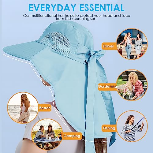 Womens Sun Hat UV Protection, Foldable Waterproof Wide Brim Bucket Hats with Neck Flap for Summer Beach Fishing Hiking - color: Sky Blue