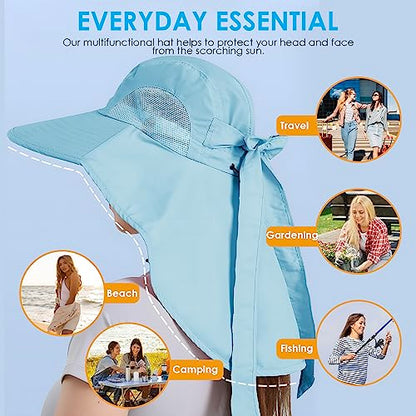 Womens Sun Hat UV Protection, Foldable Waterproof Wide Brim Bucket Hats with Neck Flap for Summer Beach Fishing Hiking - color: Sky Blue