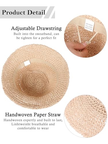 Womens Sun Hat Handmade Straw Bucket UV Protection Travel Summer Beach Cap - color: Pale Dogwood