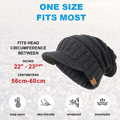 Ruphedy Mens Beanie with Brim Winter Hat Knitted Thick Fleece Visor Beanie - color: B320-grey