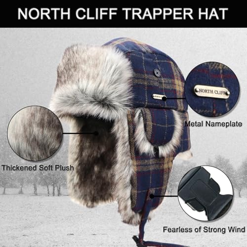 Unisex Winter Trapper Hat Cold Proof Keep Warm Hat with Ear Flaps for Hunting Skiing Trooper Outdoor Activities - color: Dark Plaid Series-blue, size: Medium-Large