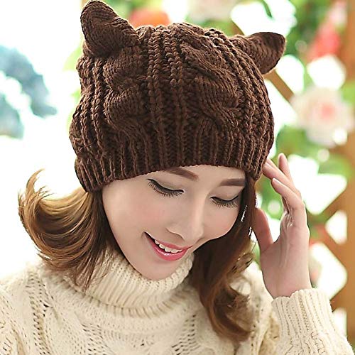 Women Winter Wool Baggy Beret Beanie Cute Devil Cat Ear Crochet Braided Knit Hat Ski Cap - color: Coffee