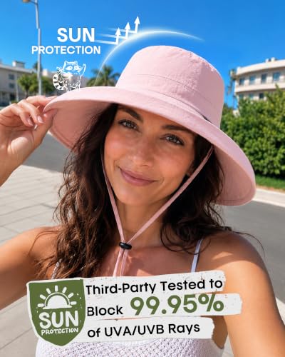 FURTALK Sun Hats for Women Wide Brim Ponytail UV Packable Hiking Travel - color: Pink