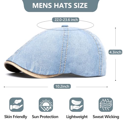 meioro Mens Denim Newsboy Hat 6 Panel Cotton Adjustable Flat Cap - color: Light Blue
