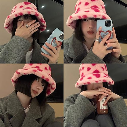Winter Faux Fur Furry Bucket Hat Fluffy Fuzzy Warm Hat Plush Fisherman Hat for Women Men Teens Girls - color: Pink Heart