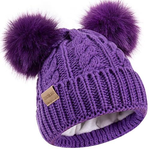 Kids Winter Beanie Children’s Warm Knitted Fleece Lined Ski Pom-Pom Hat for Boys & Girls 3-9 Years - color: Purple