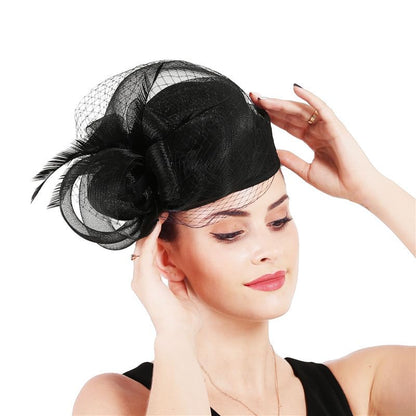 Women Sinamay Fascinator Hat Floral Feather Pillbox Derby Hats with Veil and Clips - color: Black