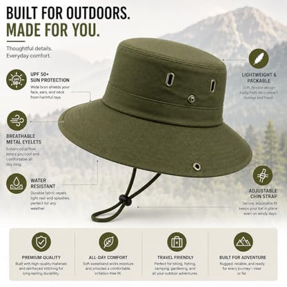 AVYZA CO. Wide Brim Sun Hat for Men & Women UPF 50+ Lightweight Waterproof Hat for Fishing & Hiking - color: Army Green