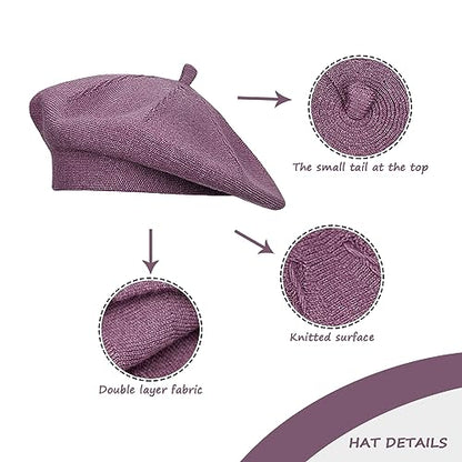 Gllutt Beret Hat French Style Stretchy Knitting Solid Color Both Side Usable - color: Purple