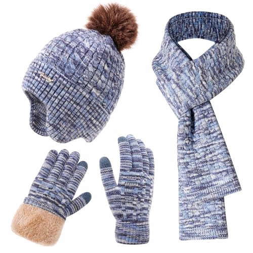 Winter Hat Scarf Gloves Set for Women, Classic Cable Beanie with Removable Pom Pom Long Scarf Touchscreen Gloves 3 in 1 Set - color: Blue Mix