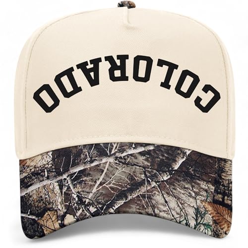 Colorado Upside Down Reversed Vintage Trucker Hat | CO | Premium Adjustable Snapback Baseball Hat for Men & Women - color: Tree Camo/Natural