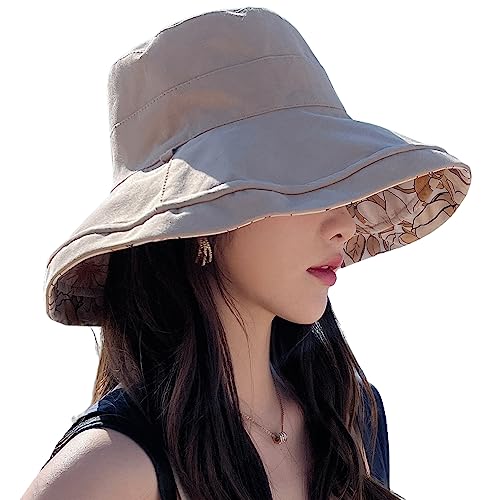 HUAMULAN Wide Brim Women Summer Sun Floppy Hat Reversible Beach Bucket Hat - color: M1744-khaki