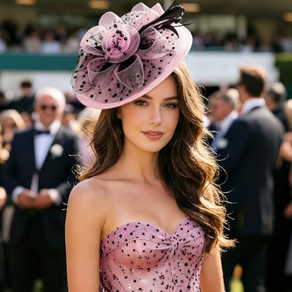 DRESHOW Fascinators Hat Flower Mesh Feathers Hat with a Headband and a Clip 7.9" Tea Party Headwear for Women - color: Folded Style 2: Pink & Black / 7.9"