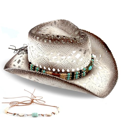 Foeran Men's Women's Straw Cowboy Hat Cowgirl Woven Sun Hat Western Cowboy Hat Two Decorative Bands - color: White-turquoise