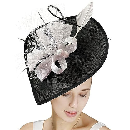 GIBZ Women's Wide Brim Fascinator Elegant Tea Party Headband - color: Black White