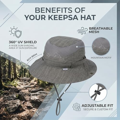 Men’s UV Sun Hat, Breathable Mesh Bucket Hat, Adjustable Chin Strap, Lightweight Foldable Outdoor Fishing Hiking Hat - color: #B32 Grey, size: 7 1/4-7 5/8