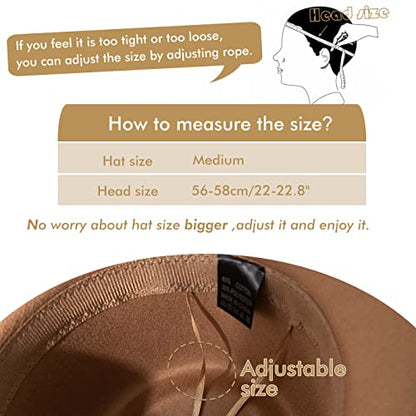 Women's Felt Fedora Hat Wide Brim Panama Hats with Tassel - color: Z Belt Khaki