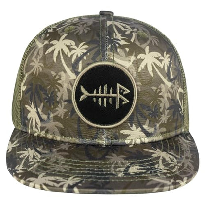 BASSDASH Flat Brim Trucker Cap Adjustable Snapback Hat Mesh Back for Men Women - color: Palm Tree Camo