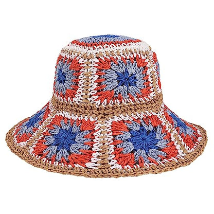 Womens Multicolor Floral Crochet Straw Sun Hat Wide Brim Summer Beach Hat - color: Red