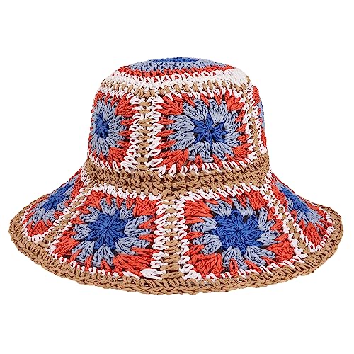 Womens Multicolor Floral Crochet Straw Sun Hat Wide Brim Summer Beach Hat - color: Red