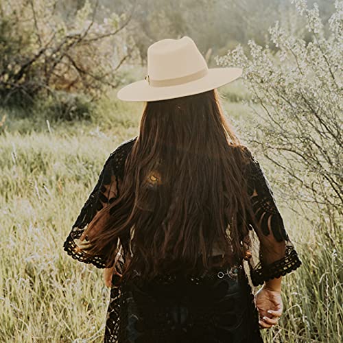 Lady Wide Brim Felt Fedora Panama Hat with Ring Belt - color: Light Sand, size: Medium