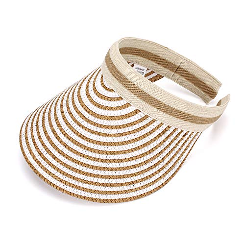 Women Summer Sun Hat Lady's Portable Beach Visor Bowknot Straw Hat - color: Khaki Stripe