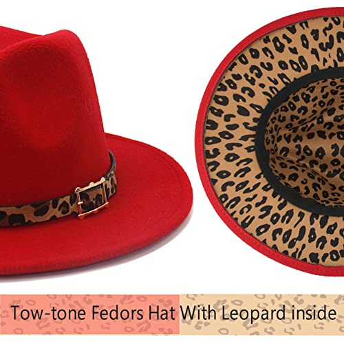 Women's Wide Brim Felt Fedora Panama Hat with Leopard - color: Y-red & Leopard