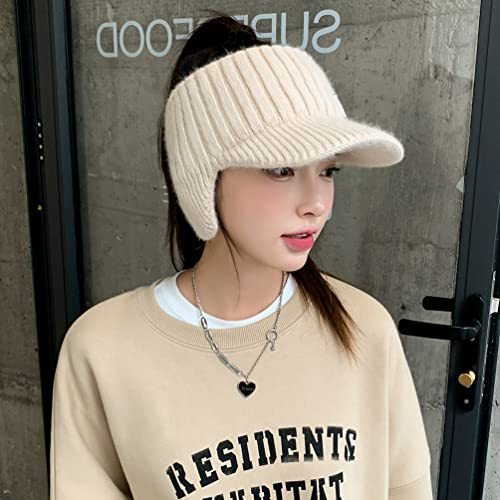 Open Beanie with Earflaps Visor Brim Bun Ponytail Winter Golf Tennis Hats Women - color: Beige