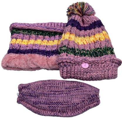 Ypser Women's Winter Warm Knitted Crochet Hat Fleece Lined Cable Faux Fur Pom Pom Beanie Hat Skull Cap - color: Pink 3 Pcs Set (Hat & Scarf & Face Mask)